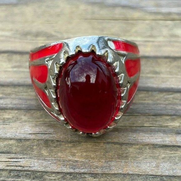 Men Rings Fashion Jewelry Faux Red Stone Silver Tone Unisex Rings Size 10.5 - Picture 11 of 12
